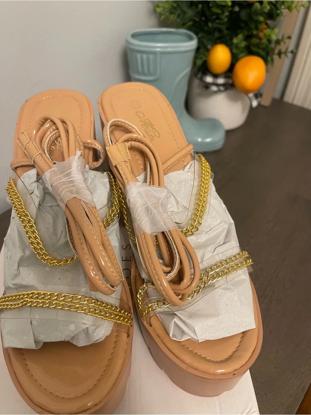 Chunky Platform Sandals with Gold Chain Accent - Nude